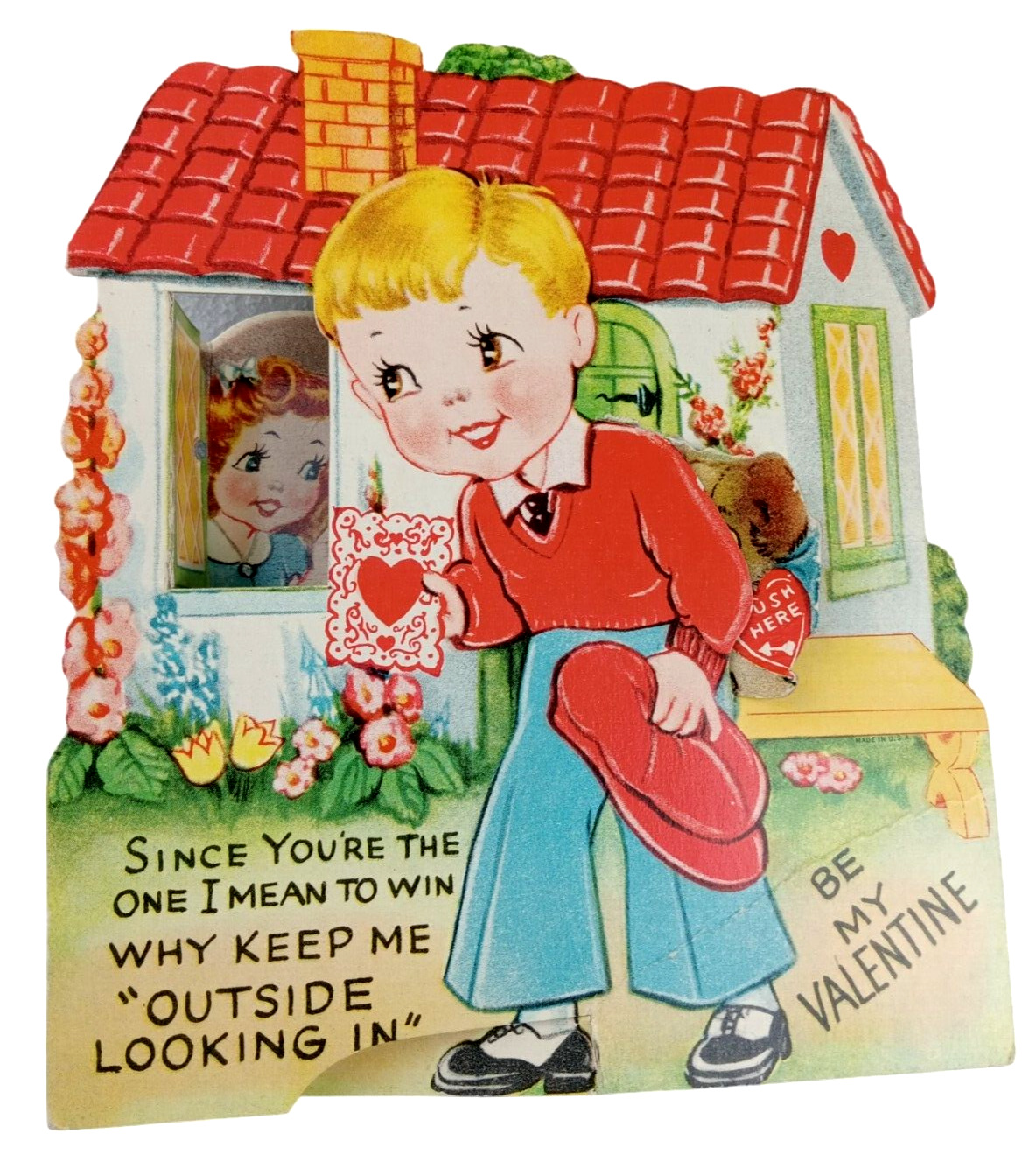 Vintage Valentines Day Mechanical Stand-Up Card Little Boy Girl at Window Puppy