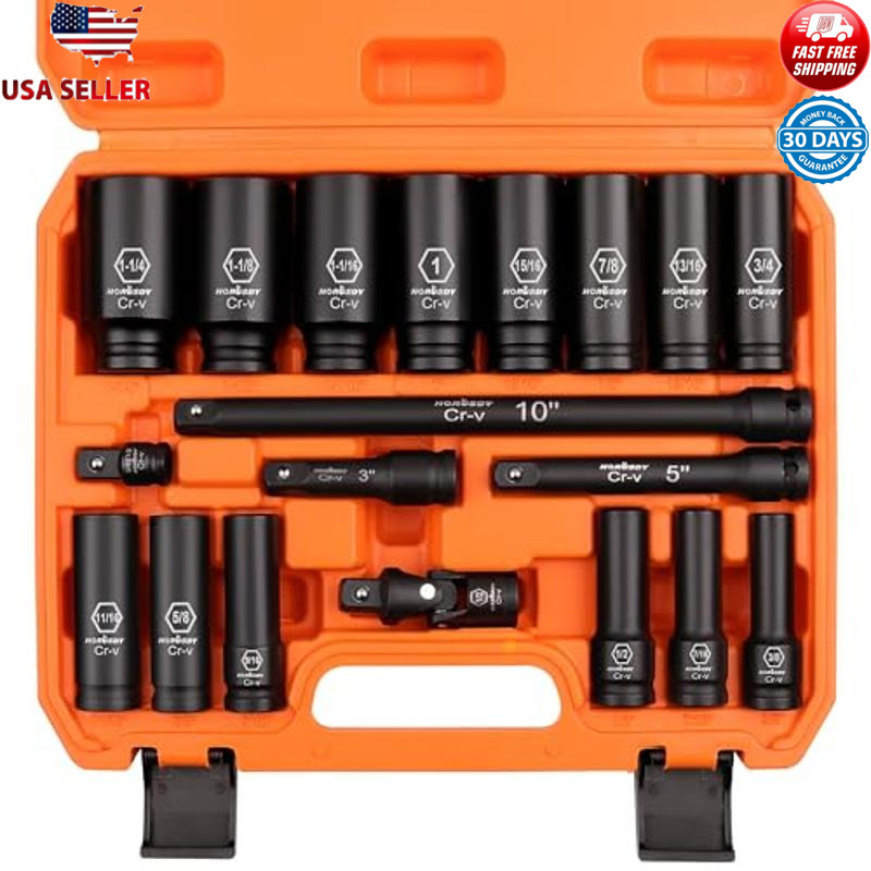 19-Piece 1/2 Drive Impact Socket Set Cr-V Steel 6-Point W/ Case & Extension Bars