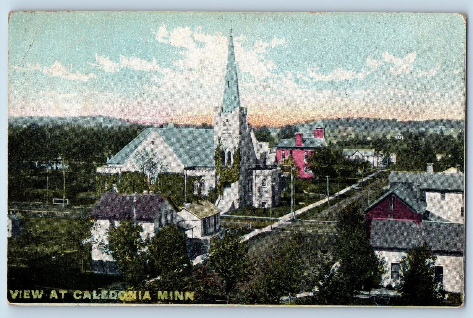 1912 View At Caledonia Minnesota MN Residential Area Church Dirt Road Postcard