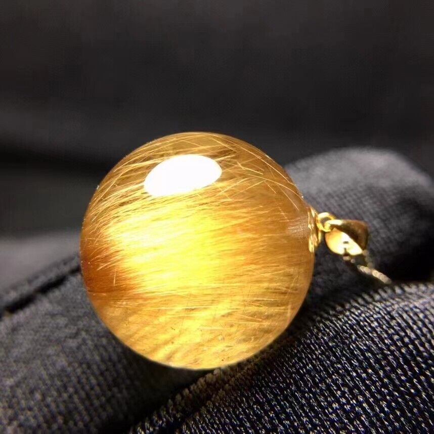 Genuine Natural Gold Rutilated Quartz Sphere Ball Shape Pendant 15mm AAAAA18K