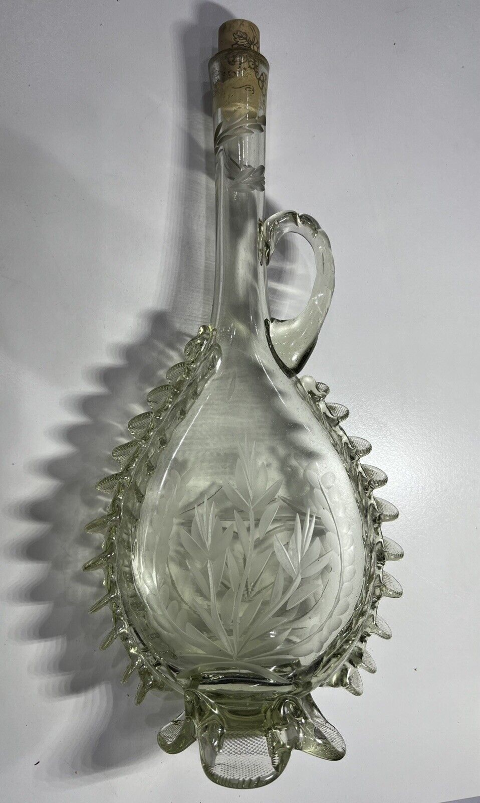 Elegant Vintage Hand-Cut Pure Crystal Decanter Bohemian Etched with Handle
