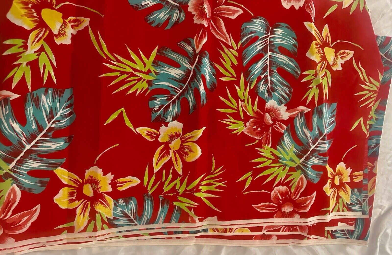 Vintage 60s Hawaiian Polyester Fabric 4 Yds Red Yellow Floral Green Palm Leaf