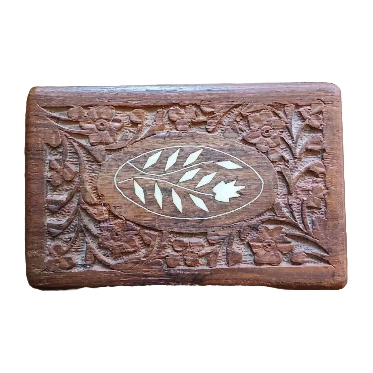 Vintage Hand Carved Wooden Hinged Box For Trinkets, Jewelry or Keepsakes. 