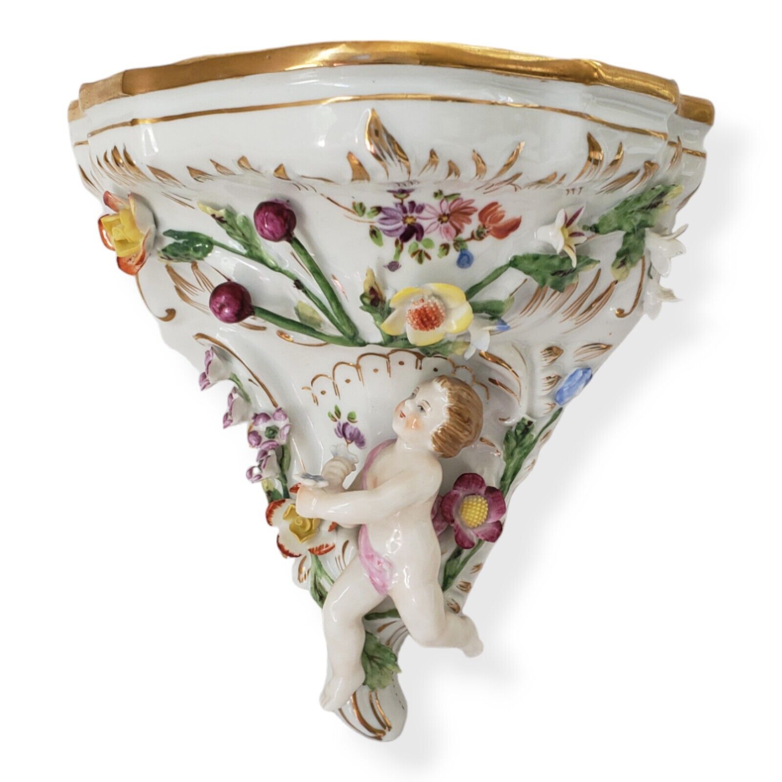 Vintage 3D Colorful Floral With Angelic Putti Gold Accented Porcelain Wall Shelf