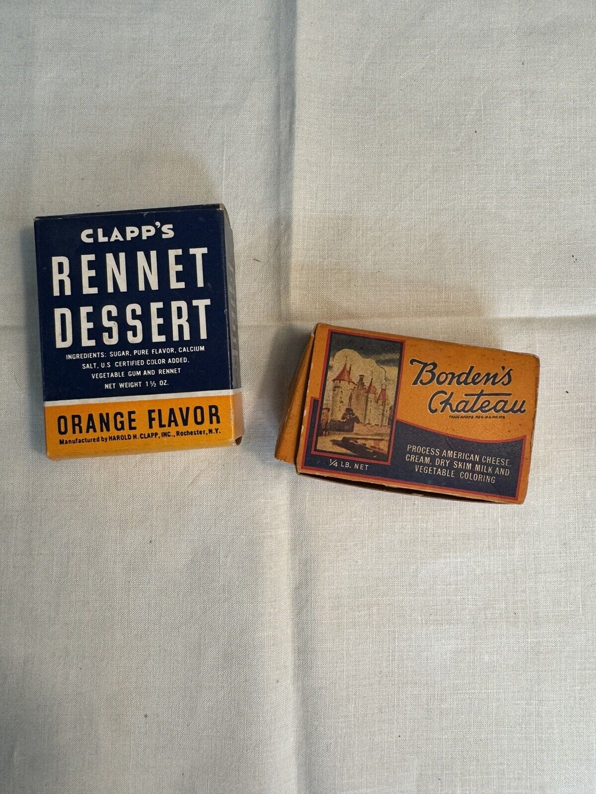 Vtg boxes borden\'s chateau 1/4 Lb American Cheese And Clapp\'s Rennet Dessert