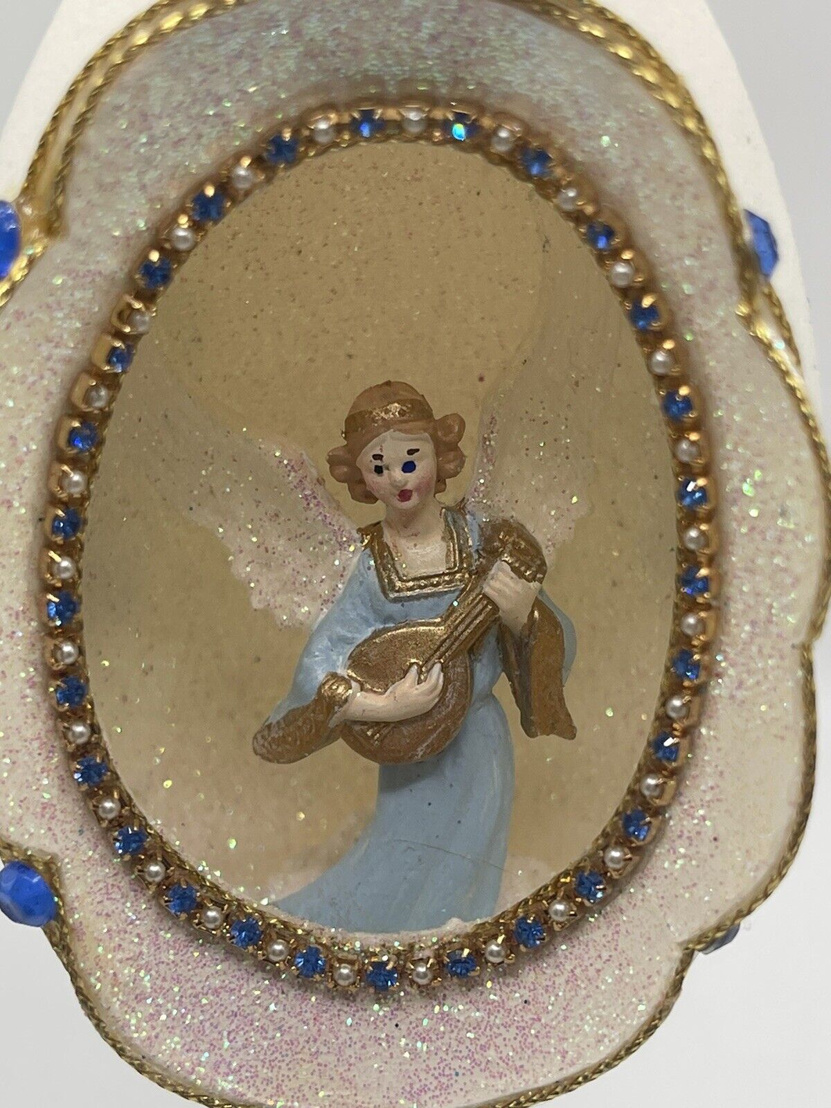 Vintage Christmas Mid Century Embellished Large Egg Blue Angel Elegant Ornament