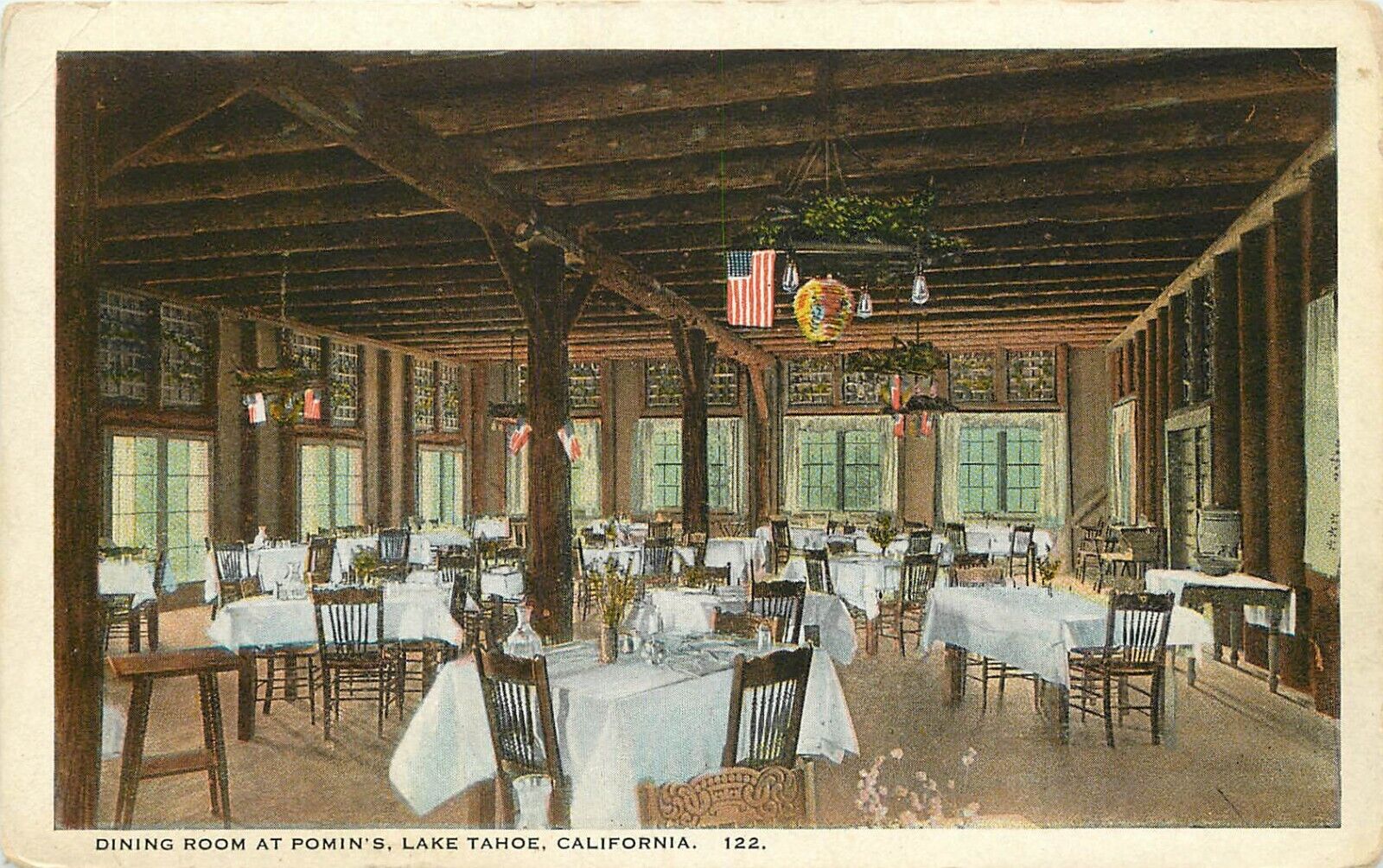 c1920sPostcard Interior Dining Room at Pomin's, Lake Tahoe CA, Ed. Hess 122.
