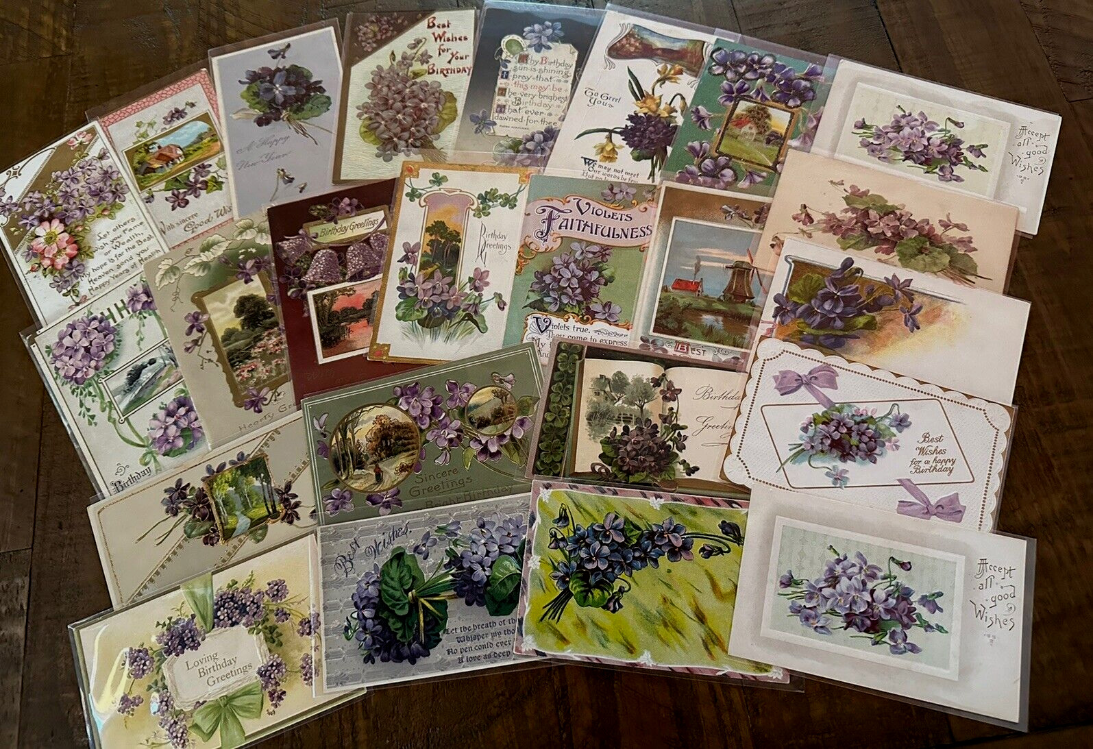 Nice~Lot of 23 Antique~ Greetings Postcards with Purple Violets Flowers~k-19