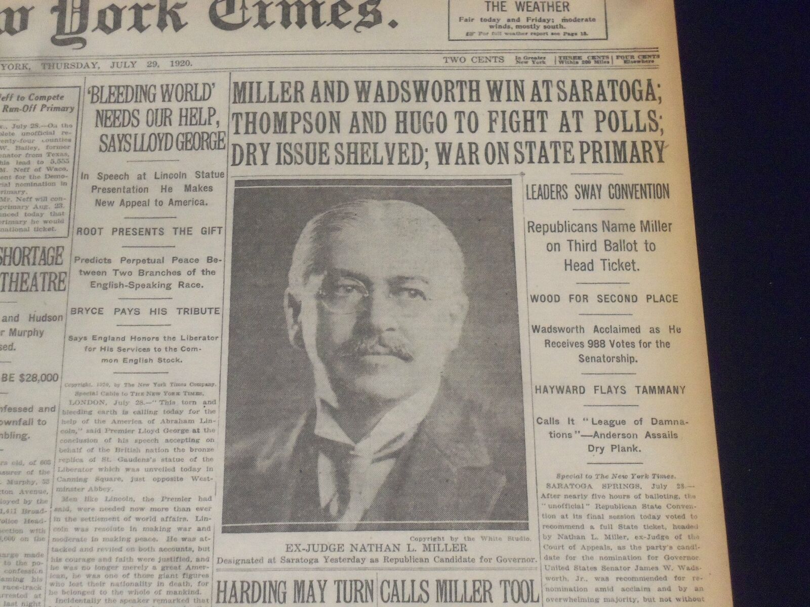 1920 JULY 29 NEW YORK TIMES - MILLER AND WADSWORTH WIN AT SARATOGA - NT 9334