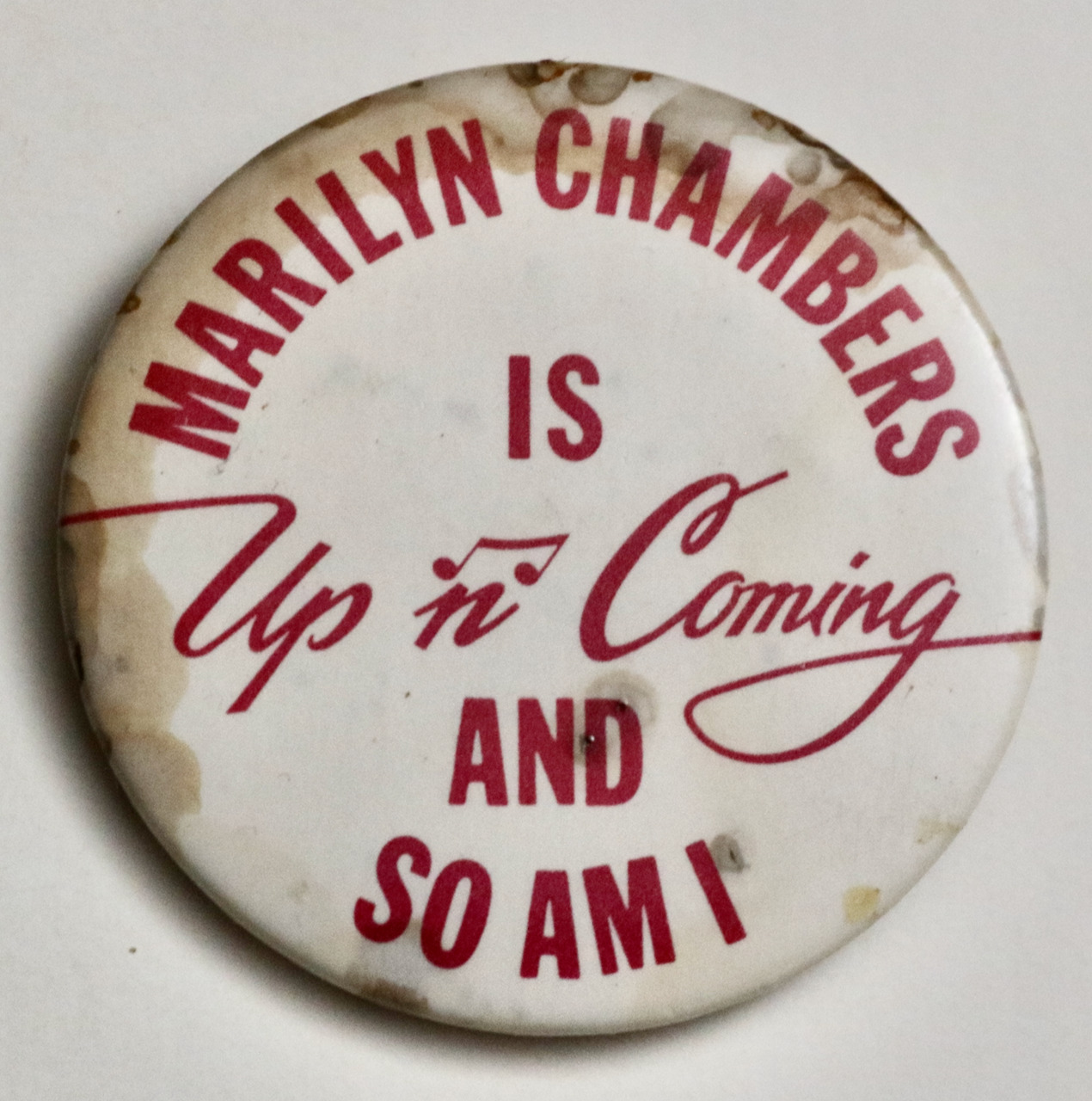 MARILYN CHAMBERS Up 'N' Coming vintage 1983 promo badge pin