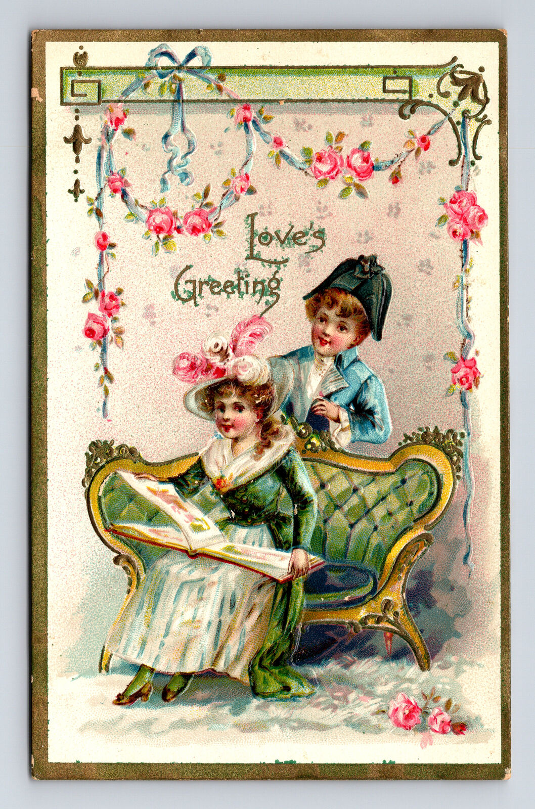 1910 TUCK\'s Floral Missives Series Colonial Boy & Girl Plumed Hat Postcard