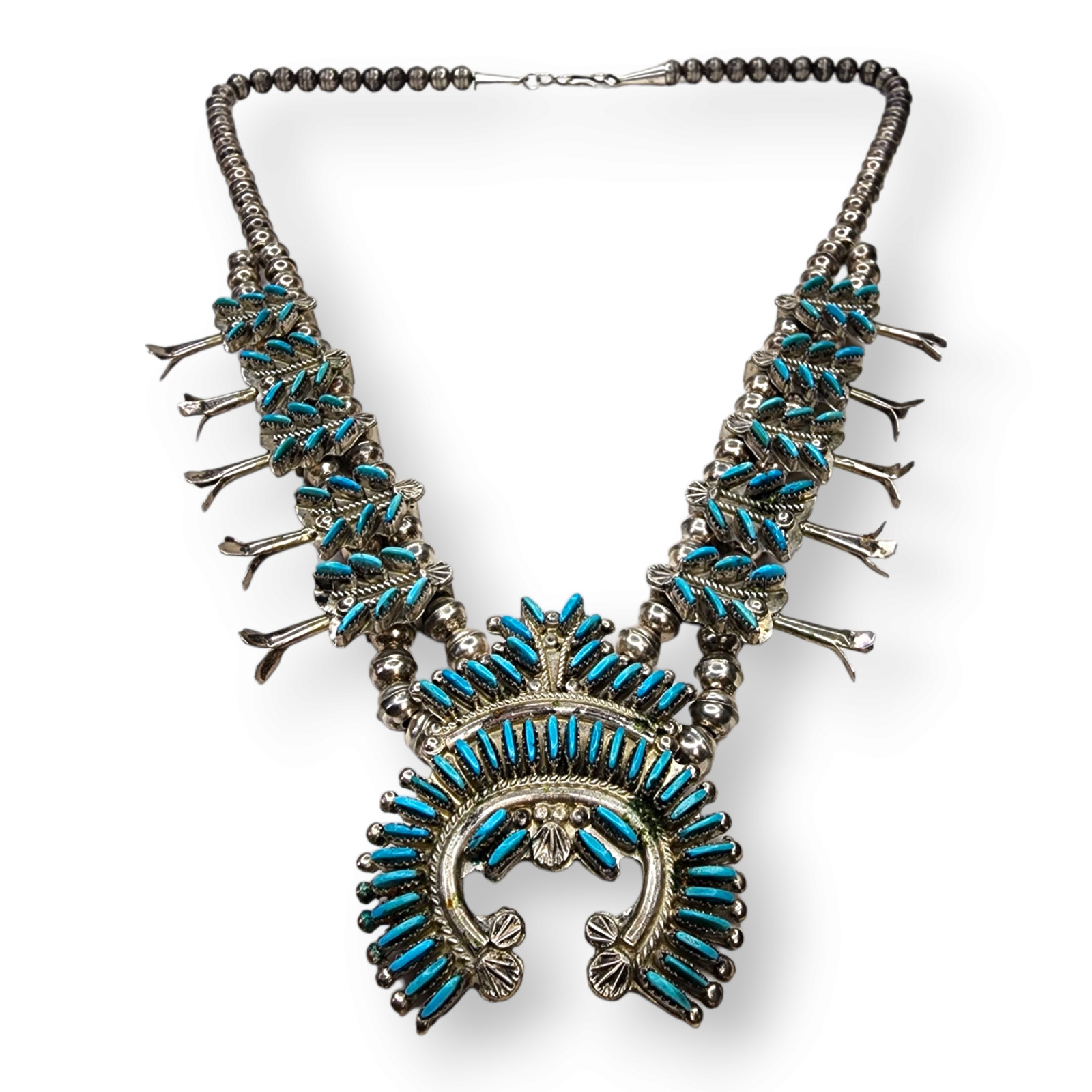 Ray Eva Wyaco Zuni Sterling Silver Needlepoint Turquoise Squash Blossom Necklace