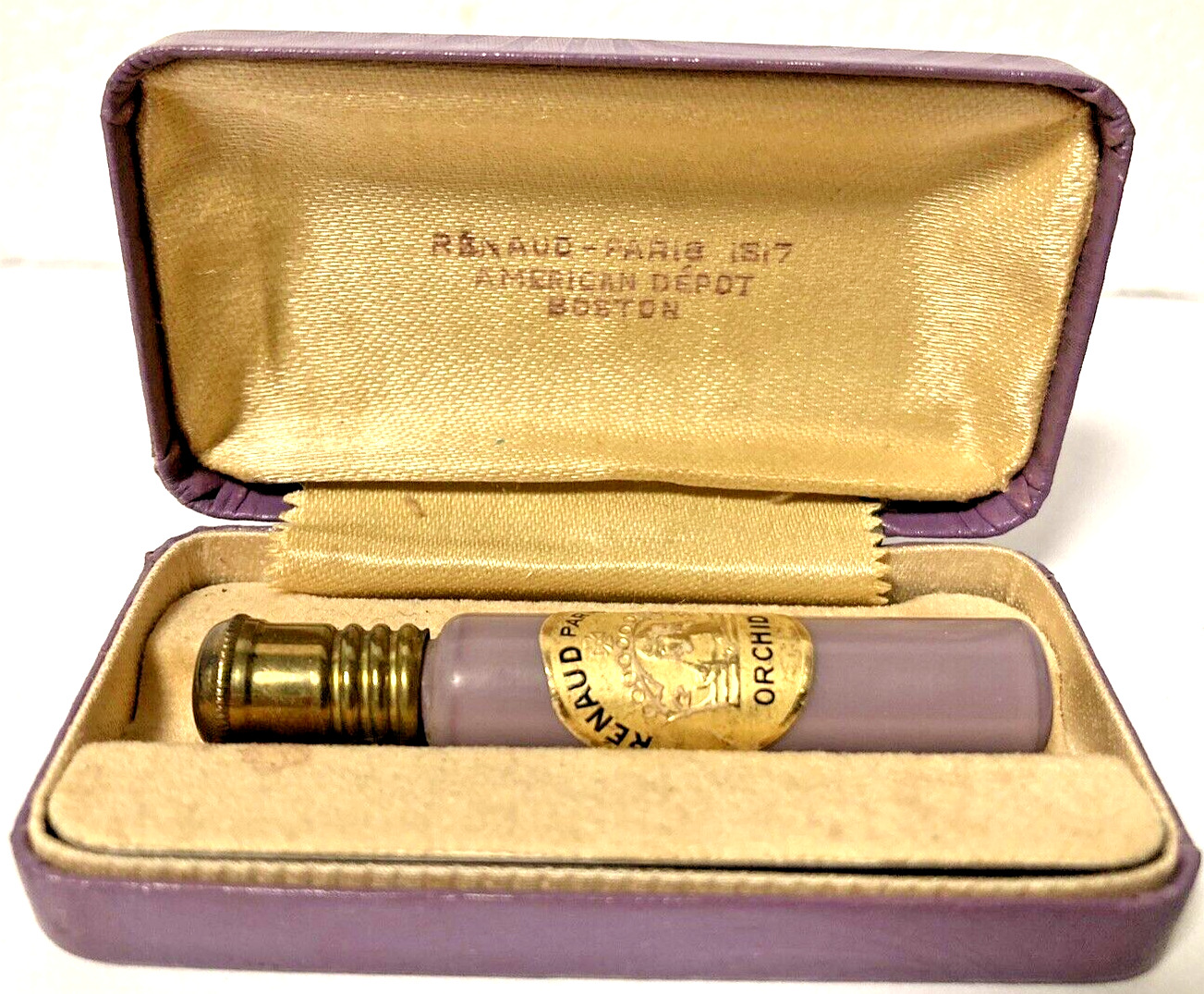 Antique 1920s  Renaud Paris 1817 Orchid Perfume Bottle, Opaque Purple w/ Case