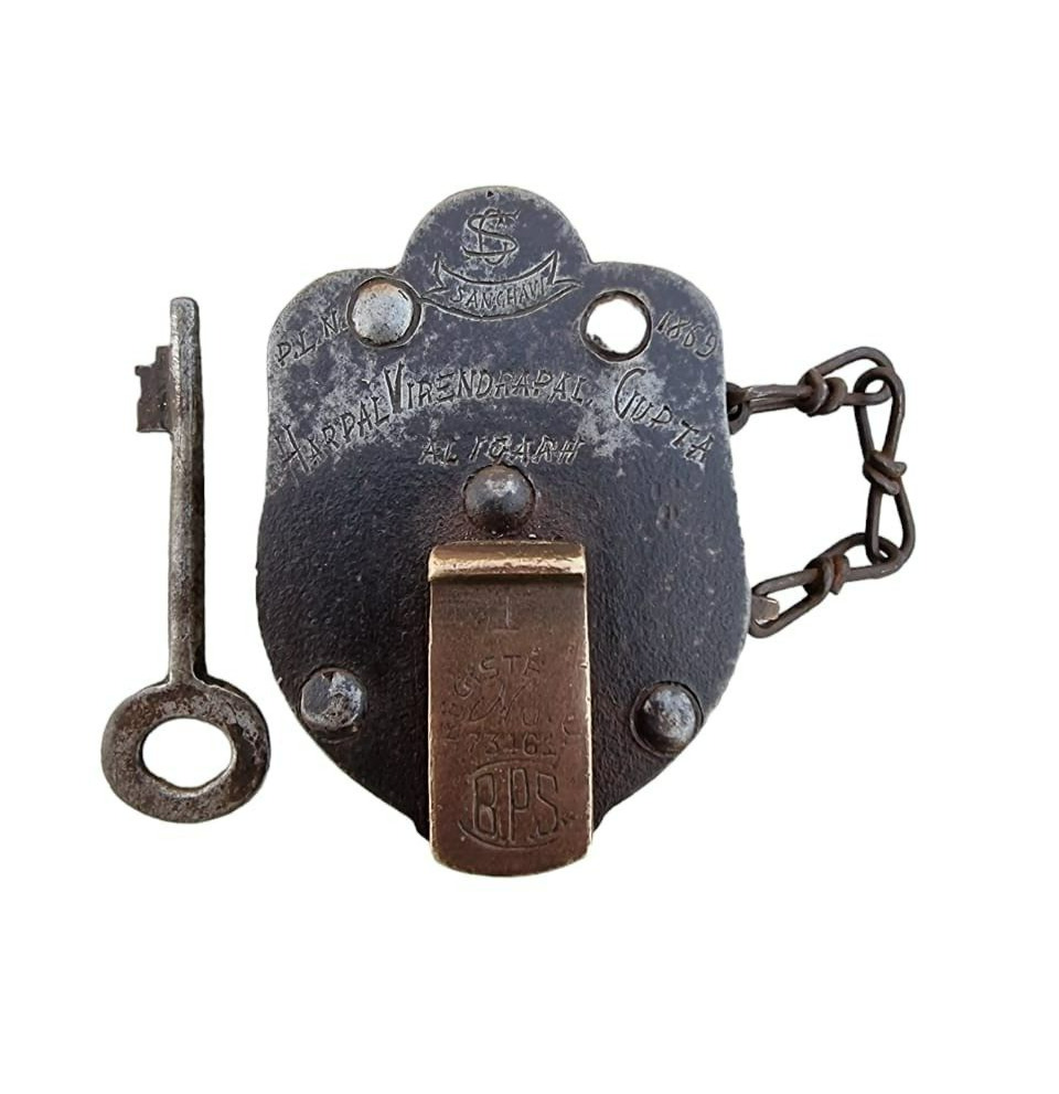 1900's Old Antique Strong Solid Iron & Brass Rare Unique Shape Pad Lock With Key