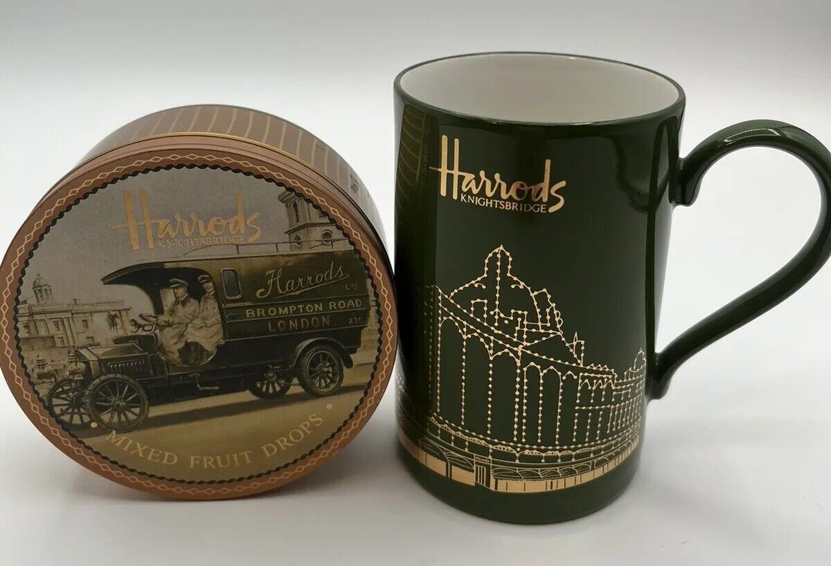 Harrods Knightsbridge Mug Fine Stoneware Green & Gold Details & Small Candy Tin