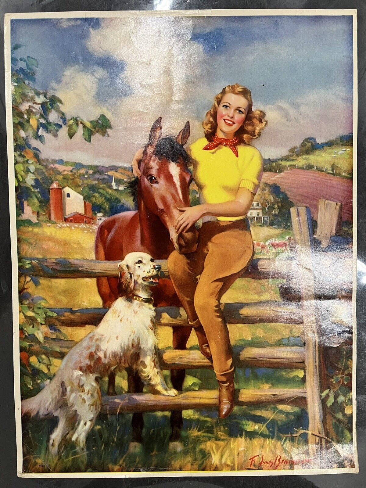 Vintage Frederick Sands Brunner (1886-1954) Blonde with Dog and Horse 20 x 15 in