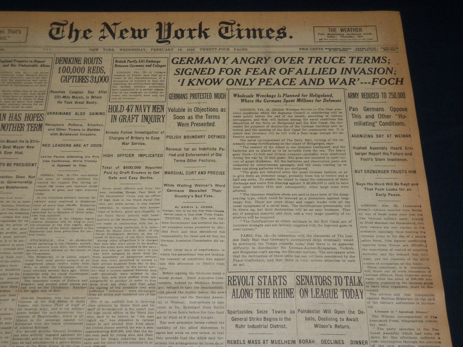 1919 FEBRUARY 19 NEW YORK TIMES - GERMANY ANGRY OVER TRUCE TERMS - NT 7976