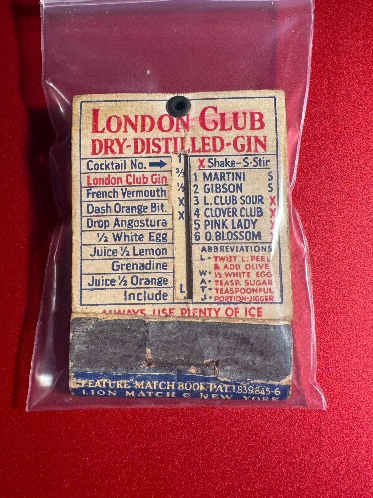 MATCHBOOK - RARE 1935 LONDON CLUB DRY-DISTILLED-GIN - HINGED RECIPES - UNSTRUCK