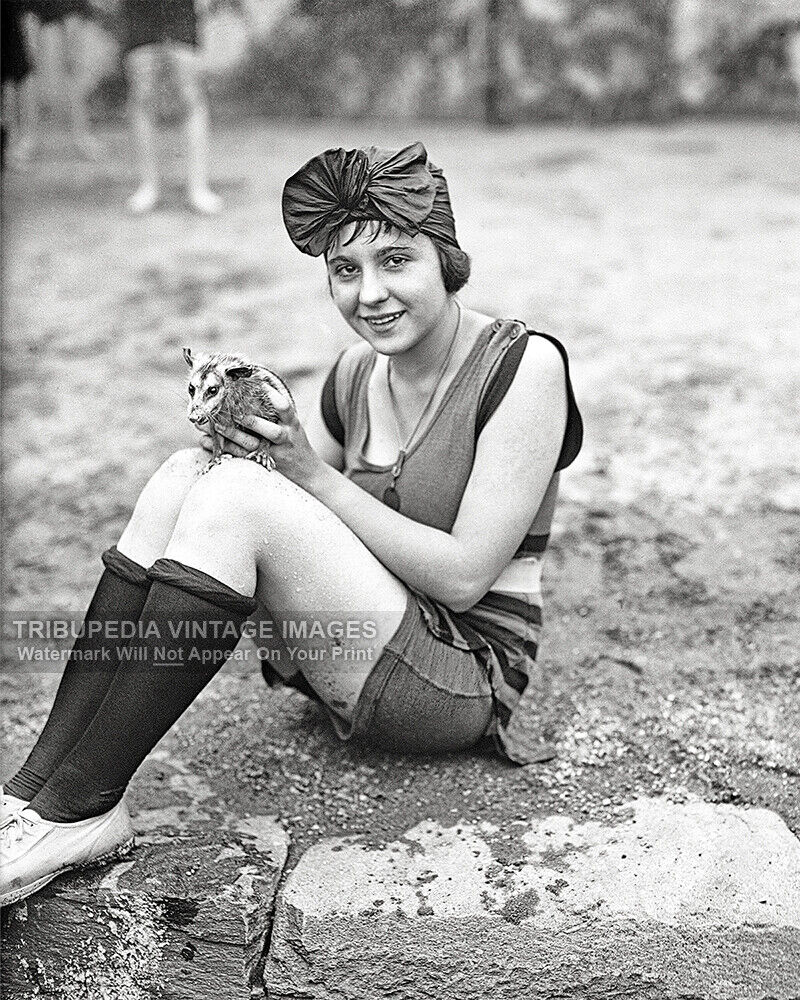 1922 Vintage Photo Cute Bathing Girl with Pet Opossum at Beach 1920s Swimsuit 