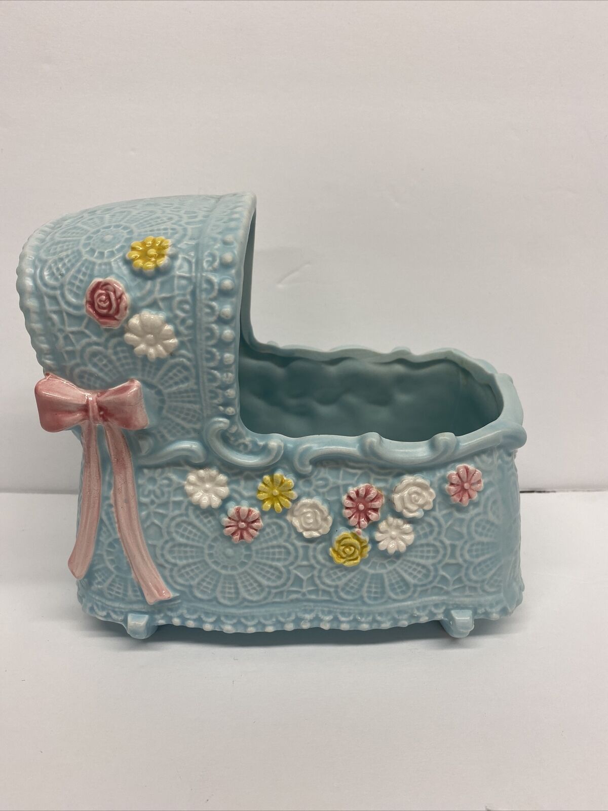 Vintage Napco Baby Crib Cradle Planter Blue Pink Flowers Boy Girl