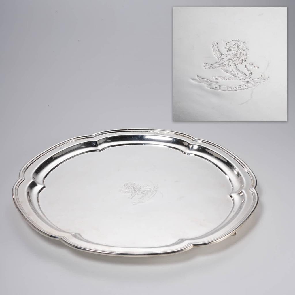 Silver Plate on Copper Deo Dante Lion Crest Three Footed Lobed Salver Tray 14.5\