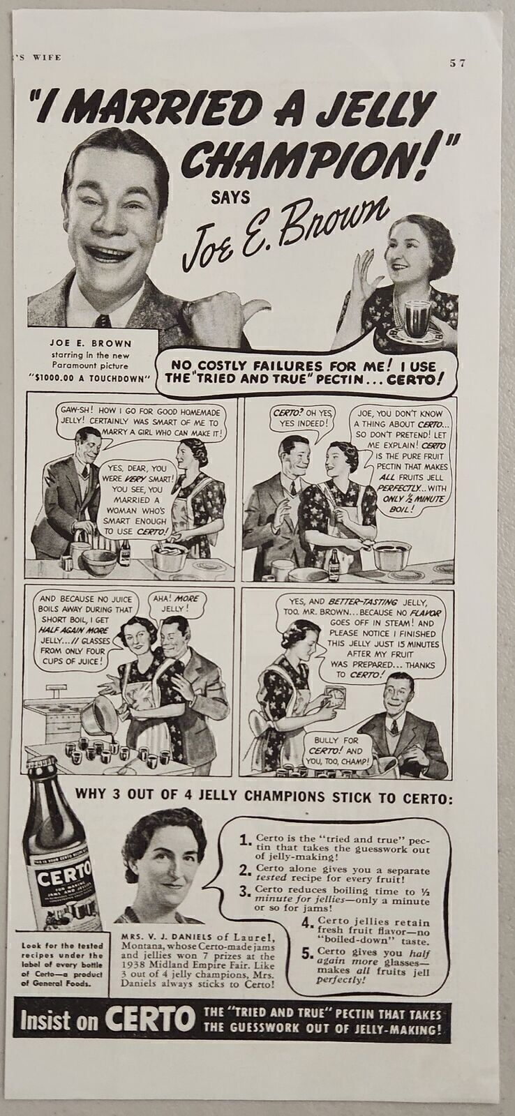 1939 Print Ad Certo Pectin for Jellie & Jams Actor Joe E. Brown 
