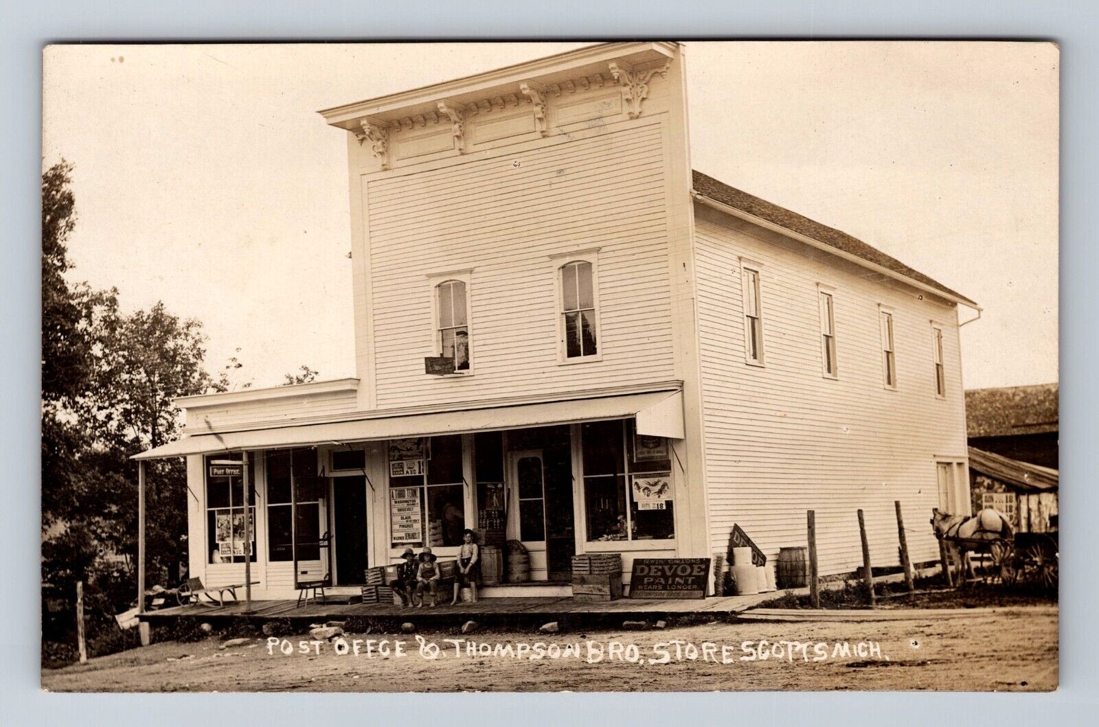 Scotts MI-Michigan RPPC: Post Office & Thompson General Store, Vintage Postcard