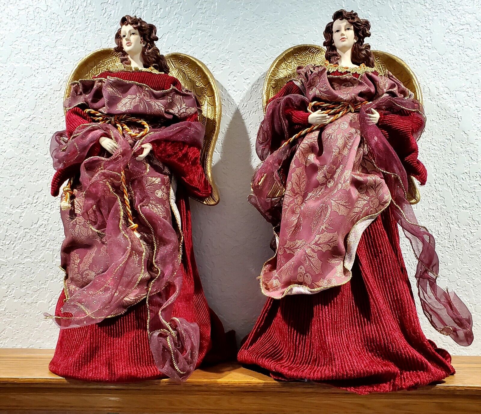 2 Elegant Victorian Angel Lady Christmas Tree Toppers Red & Gold Sparking Dress