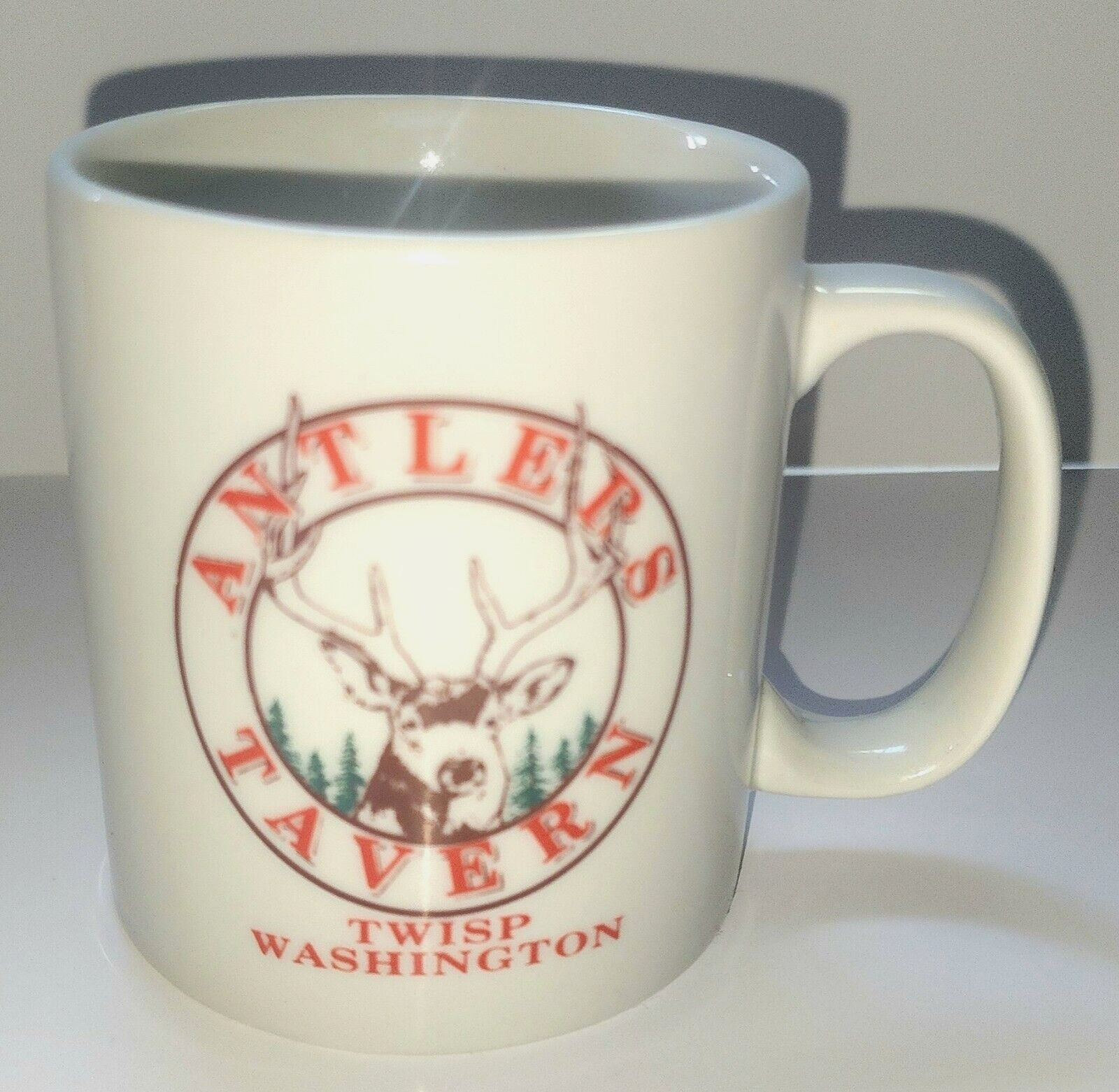 Vintage ANTLERS Tavern TWISP WA Coffee Cup Mug Rare Big BUCK In Forest Elk Deer