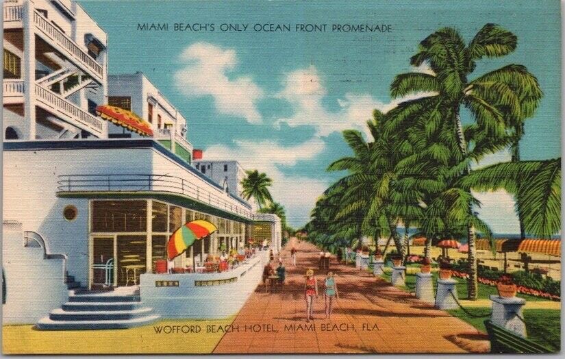 1940s Miami Beach, Florida LINEN Postcard WOFFORD BEACH HOTEL Promenade Scene