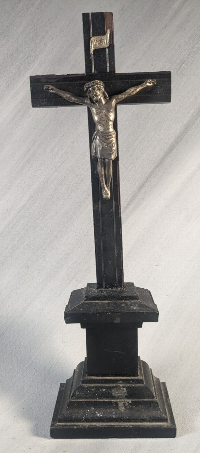 Vintage Wooden INRI Crucifix on base - Metal Jesus on Painted Wood Cross  15.5”