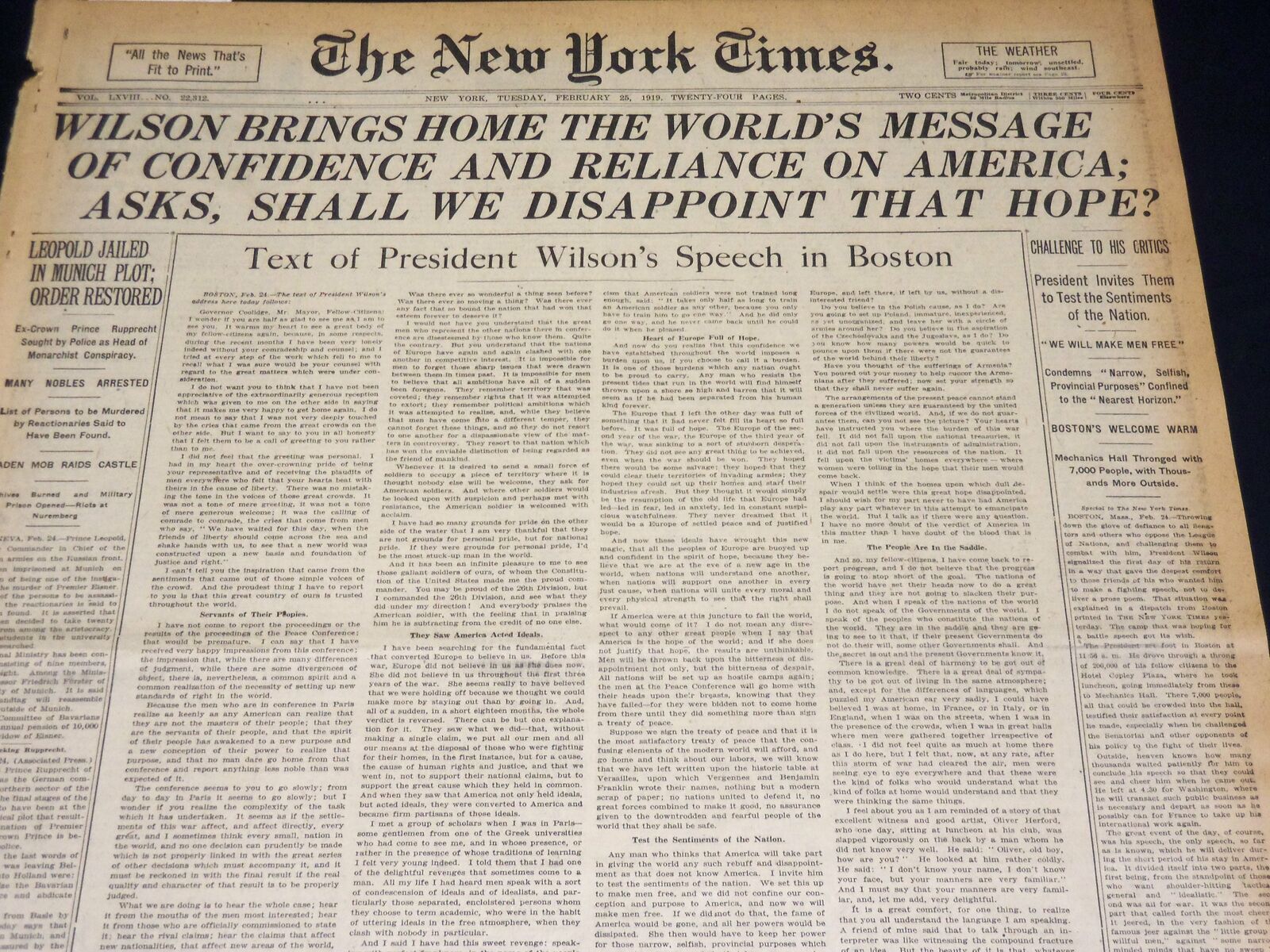 1919 FEBRUARY 25 NEW YORK TIMES - WILSON BRINGS HOME WORLD'S MESSAGE - NT 7970