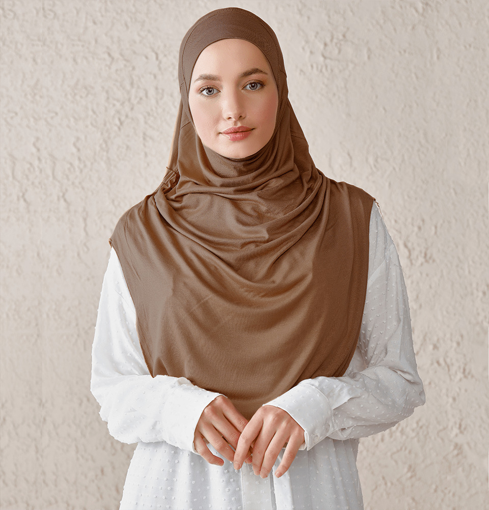 Modefa Long Pleated One Piece Instant Jersey Hijab - Brown