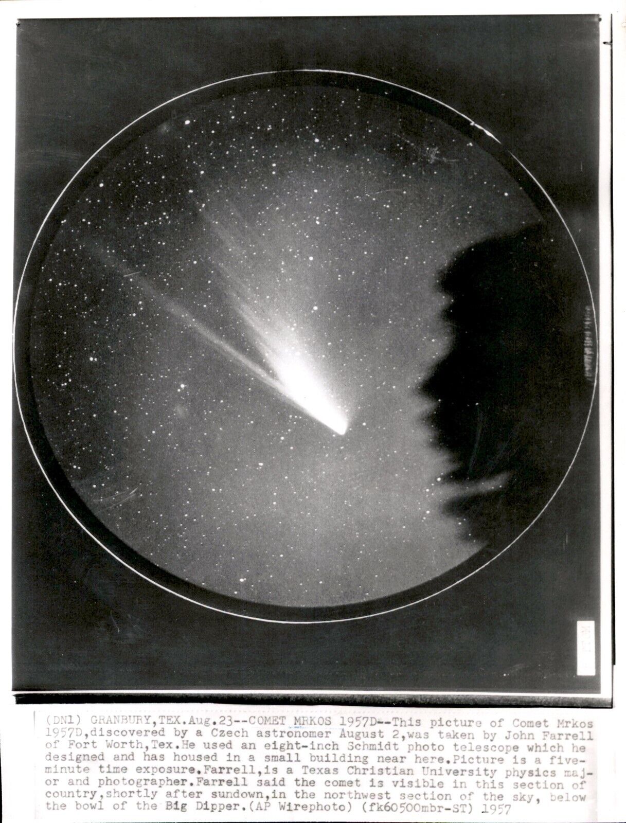 LG31 1957 Wire Photo COMET MRKOS Granbury Texas Schmidt Telescope Astromony