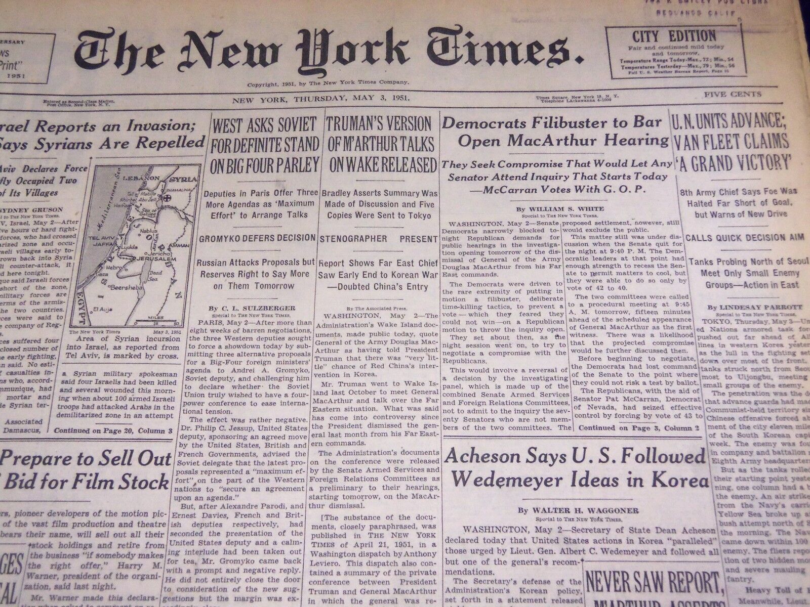 1951 MAY 3 NEW YORK TIMES - DEMOCRATS FILIBUSTER OPEN MACARTHUR HEARING- NT 2034