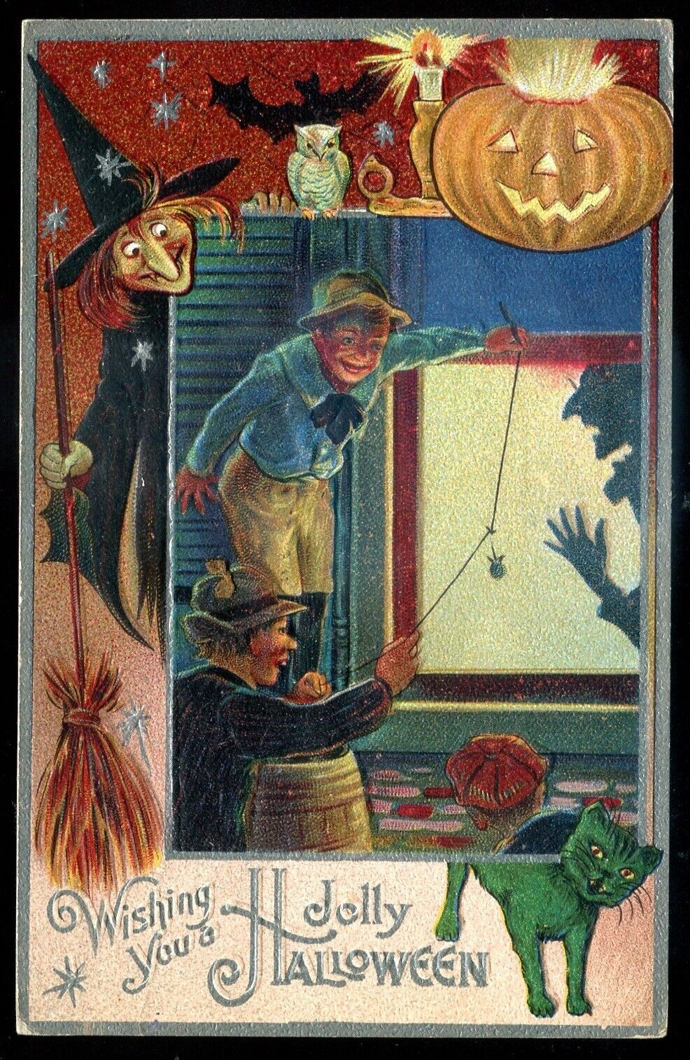 HALLOWEEN Postcard 1910s Embossed Witch Owl Cat JOL