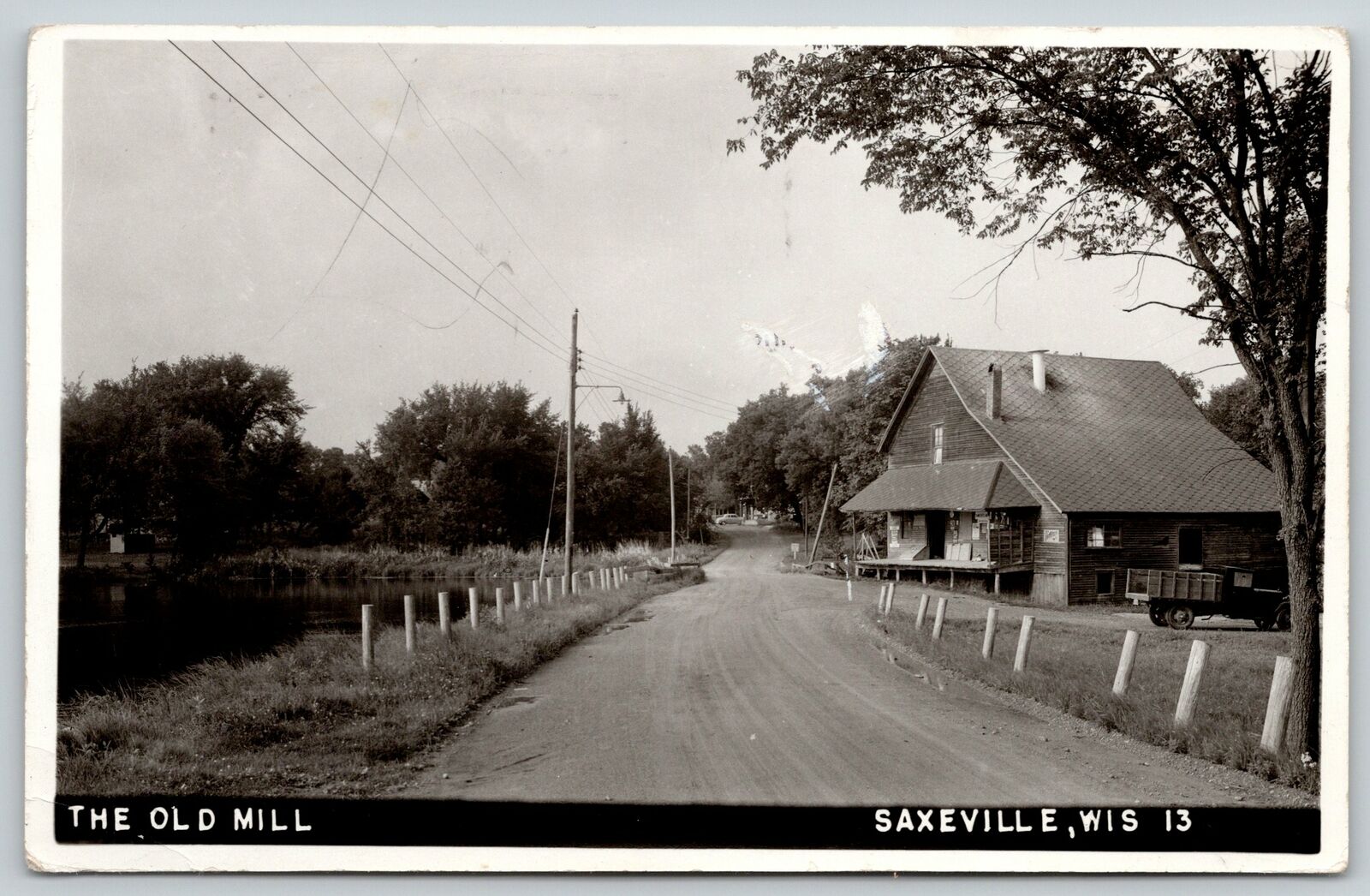 Saxeville Wisconsin~1940s Crate Bed Pickup Truck~Old Mill Store~Gravel Road~RPPC