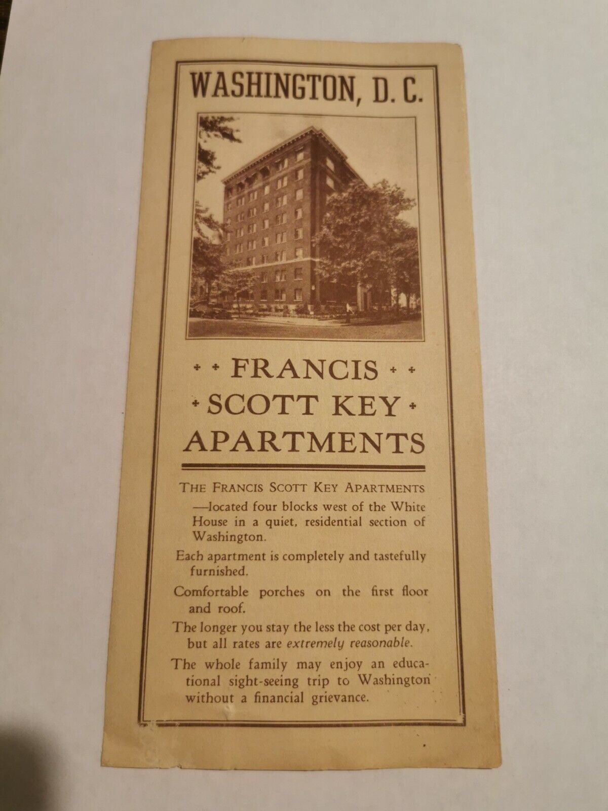 Vintage Francis Scott Key Apartments Hotel Washington DC Pamphlet Brochure Map