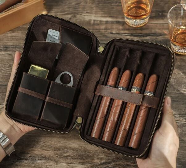 Handmade Full Grain Leather Cigar Case Men Travel Case Cigar Holder Box