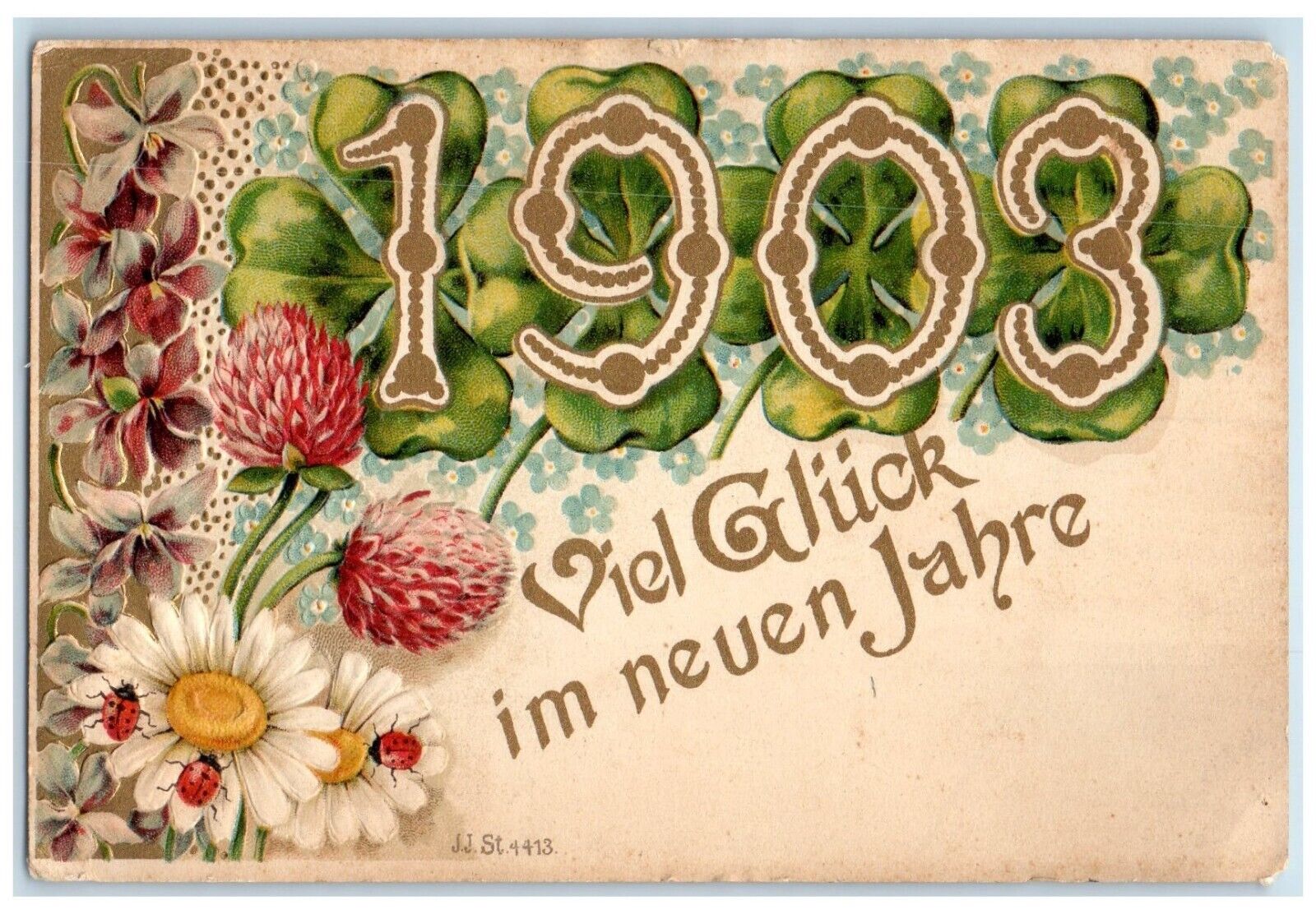 1908 Good Luck Viel Gluck Daisy Flowers Lady Bugs Shamrock Embossed Postcard