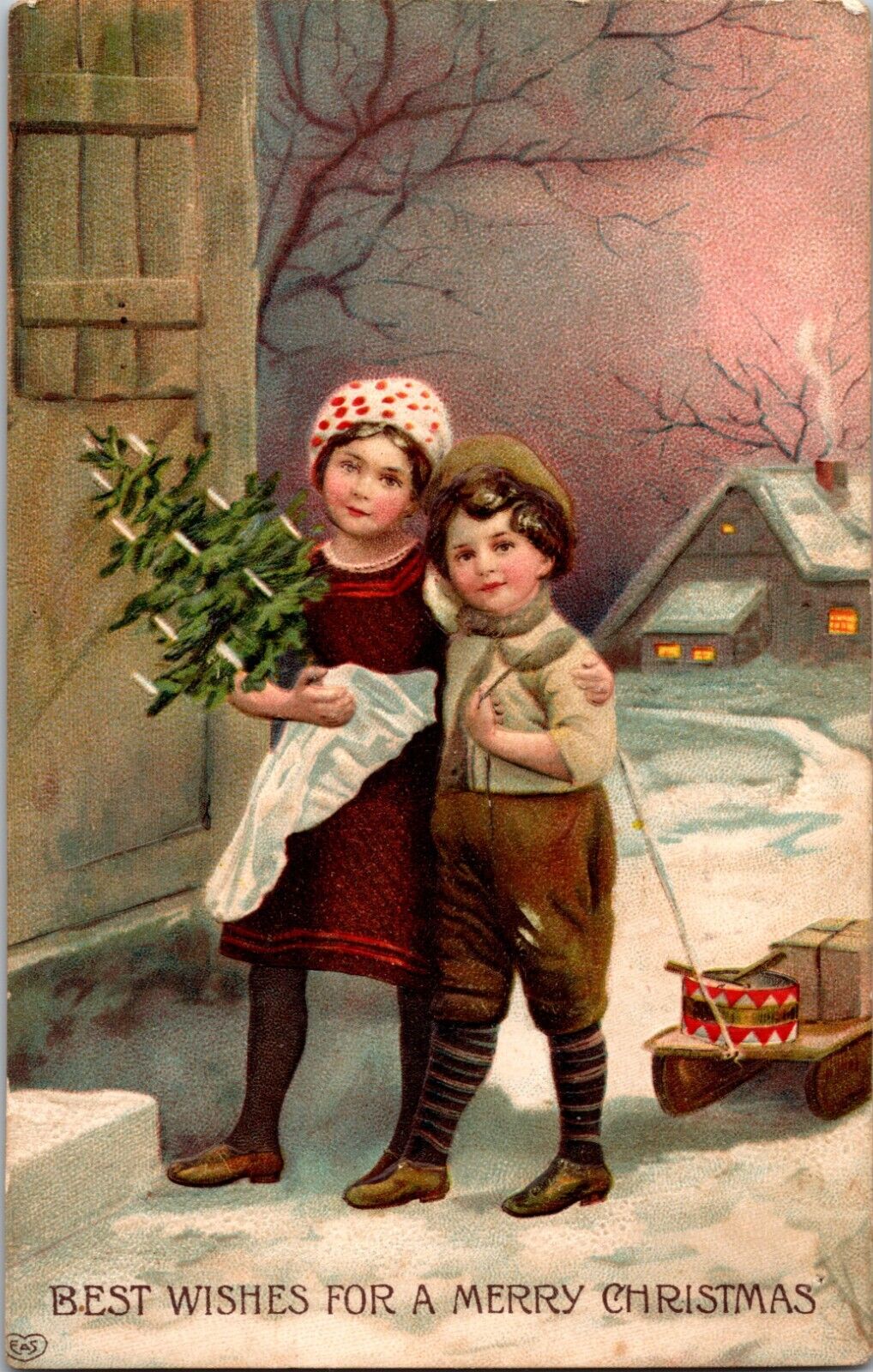 Antique Christmas Postcard English Country Girl Boy Cottage Sled Victorian Tree