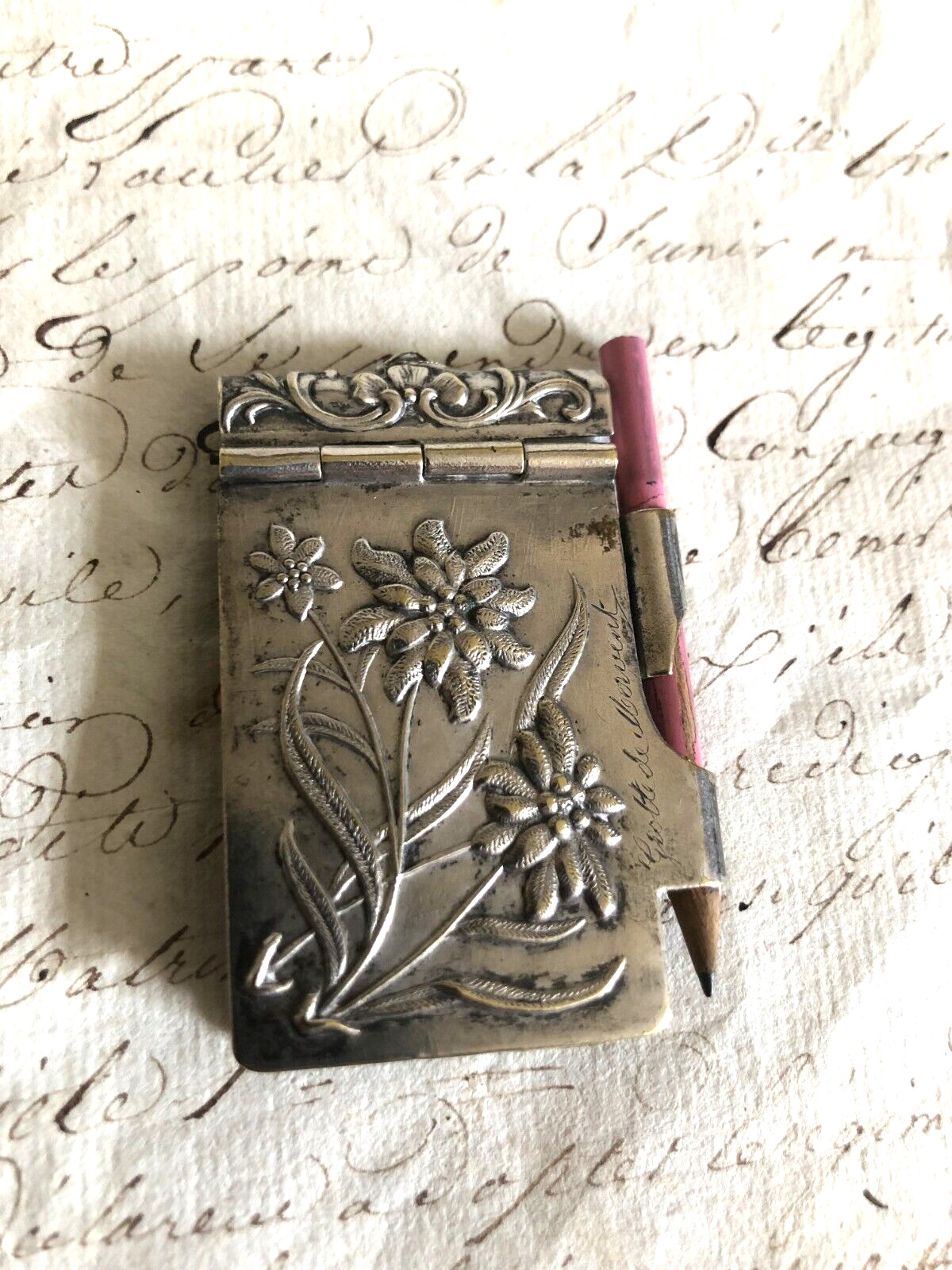 Pretty Antique French Art Nouveau Silver Plated Chatelaine Notebook Pencil c1905