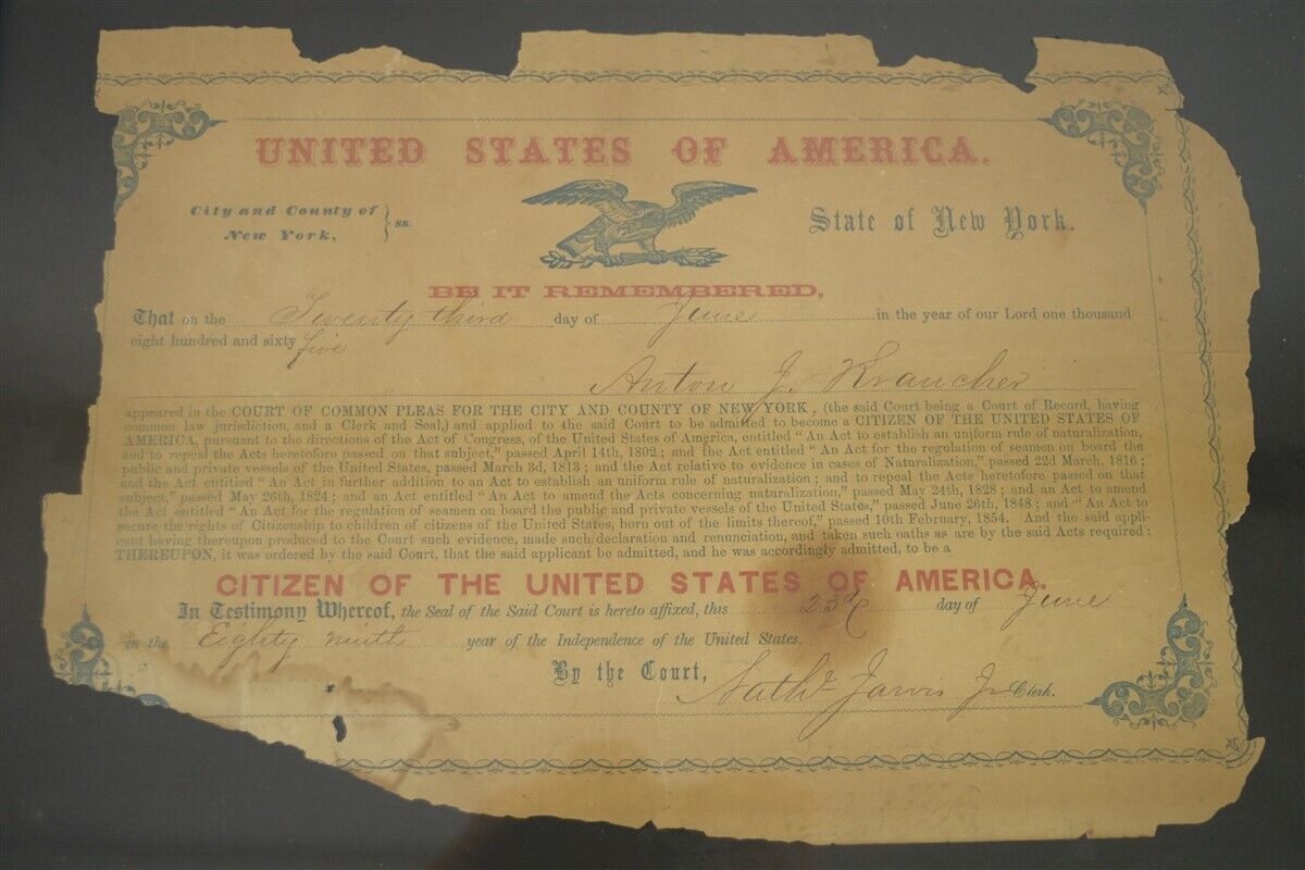 Antique New York 1865 Framed United States Citizenship Certificate Tammany Hall