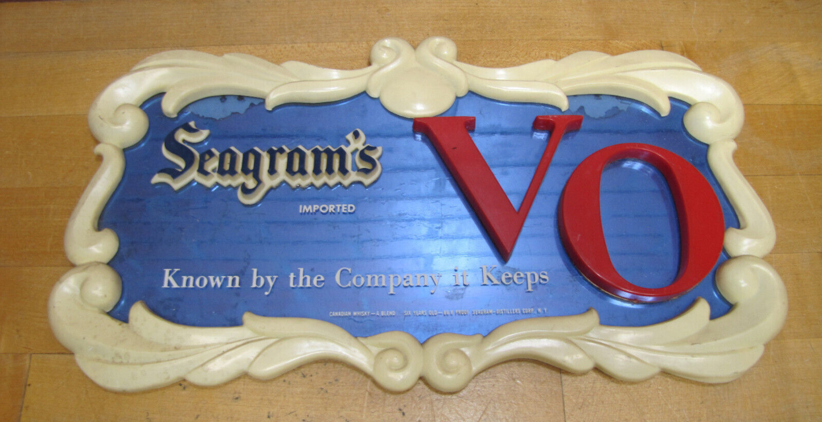 SEAGRAM'S VO CANADIAN WHISKY OLD 3D BLUE MIRROR SIGN BAR PUB TAVERN LIQUOR STORE