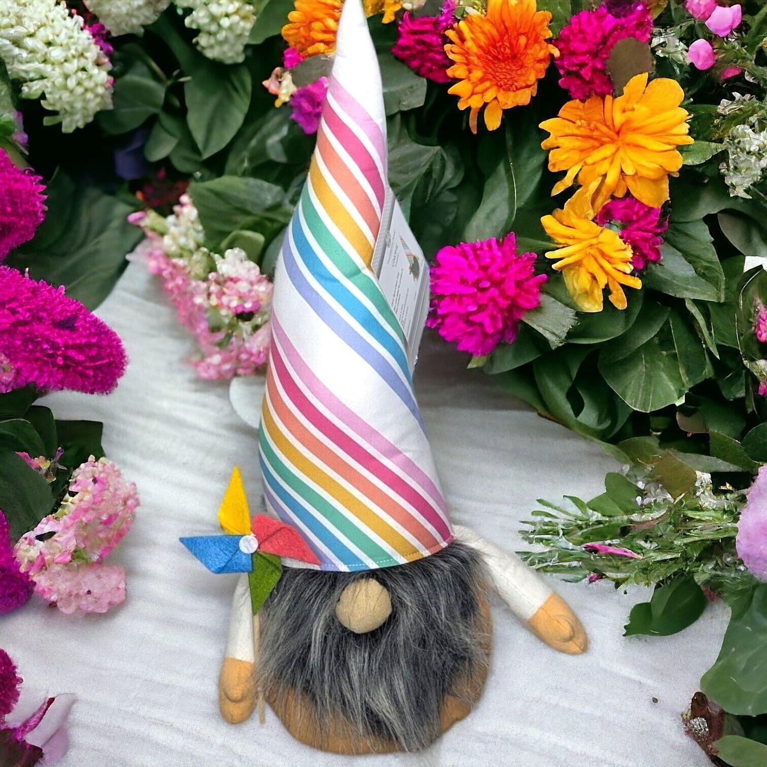 NWT Aldi Exclusive Huntington Home Rainbow Striped Pride Gnome Decor Pinwheel