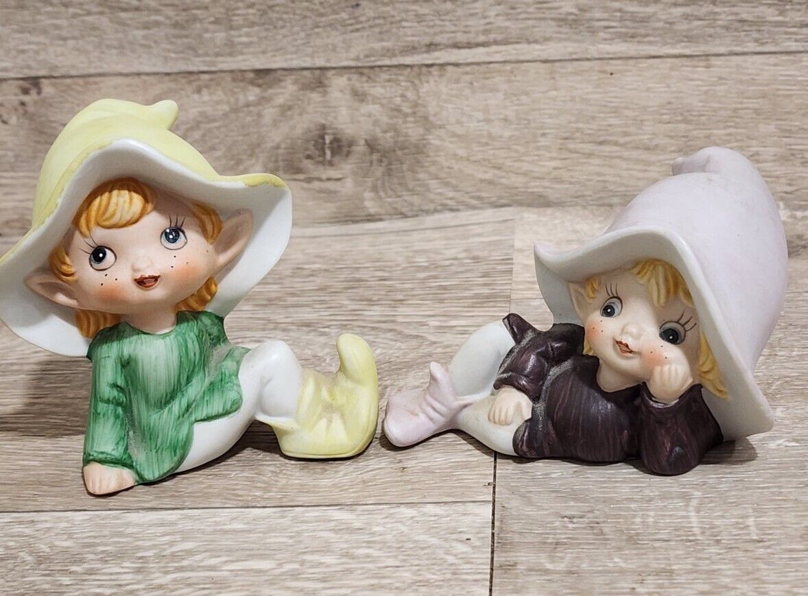 2 Vintage Pixie Homeco Fairies Elves Gnomes Lot Ceramic Figurines #5213 