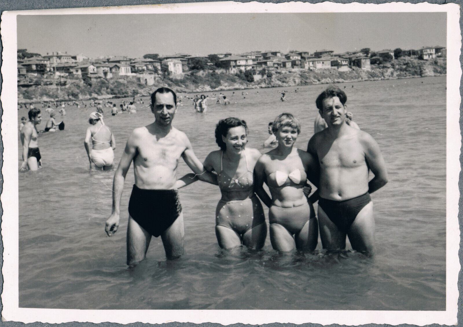 1960s Affectionate Men Trunks Bulge Pretty Women Bikini Beach Gay int Vint Photo