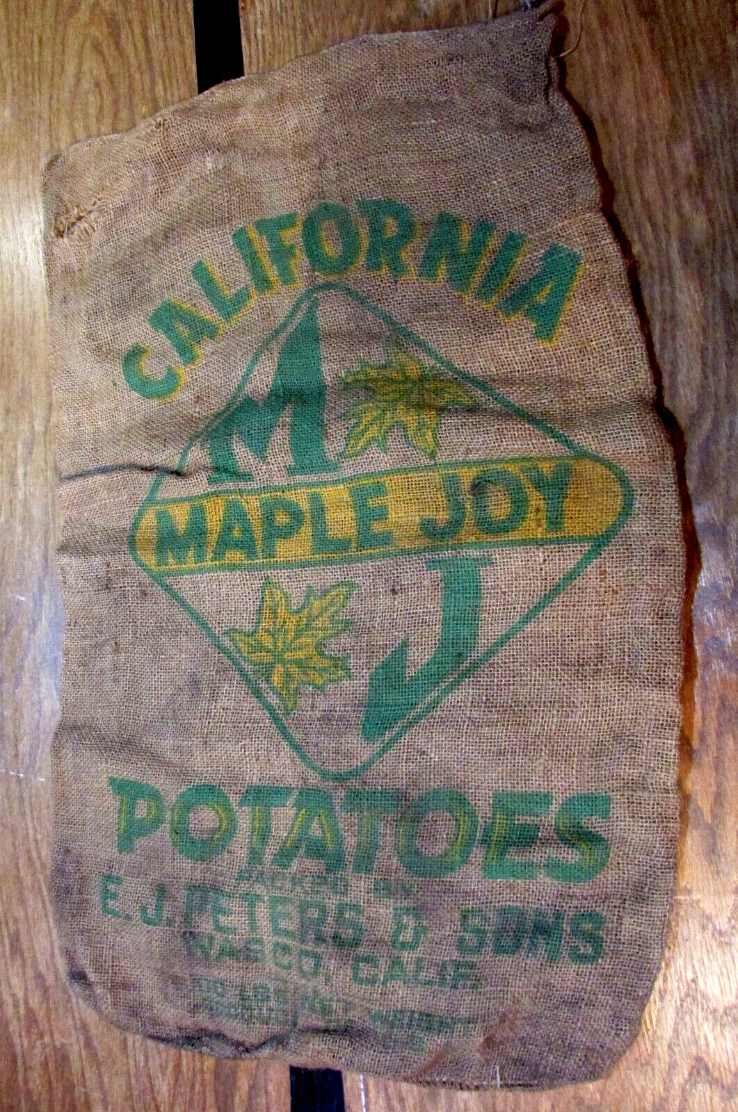 Peters Sons Maple Joy Wasco CA California Potato Sack Old 100 lb Size Burlap Bag