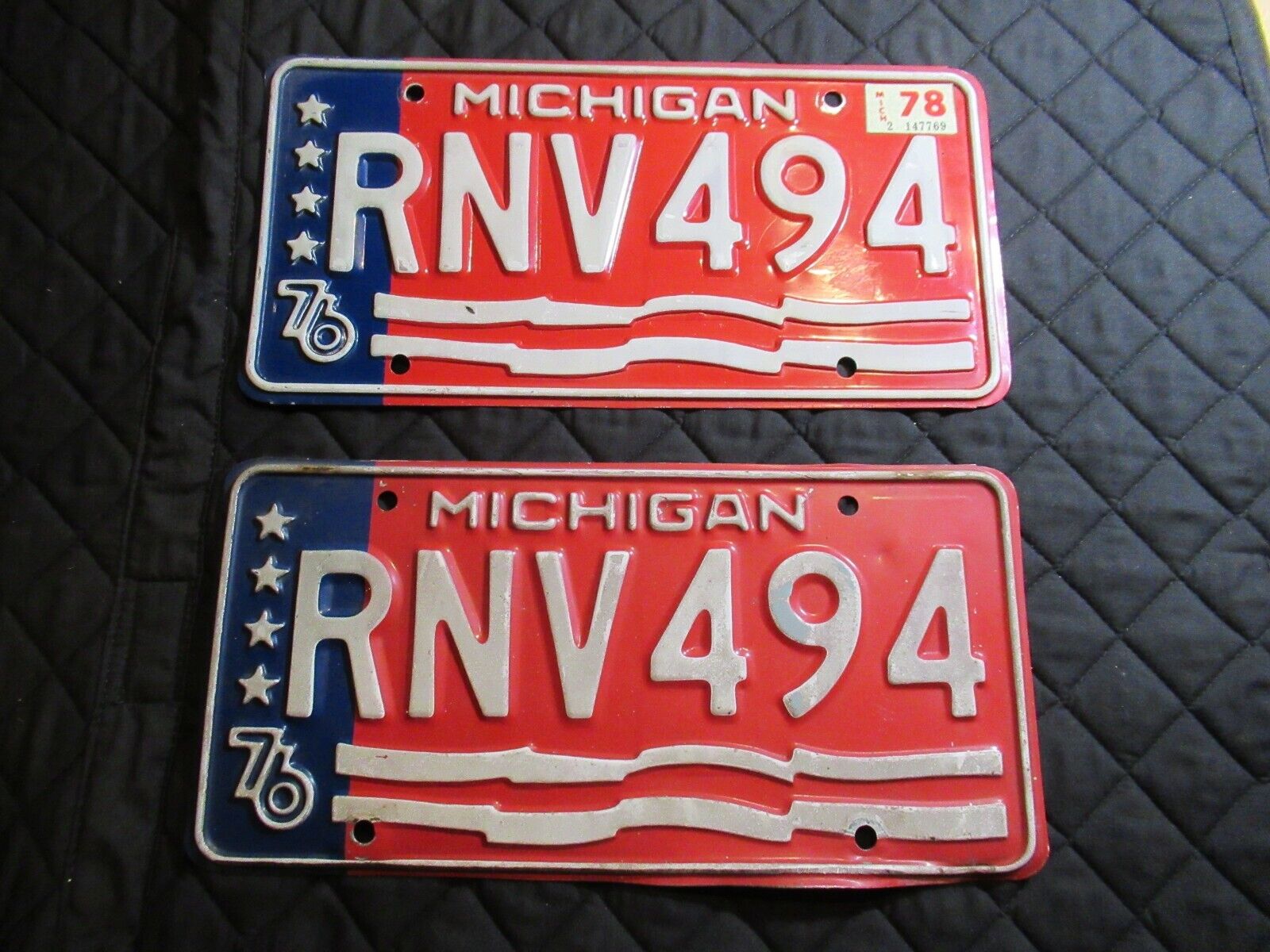 1976 Michigan Bicentennial License Plate Pair w/ 1978 Sticker #RNV 494
