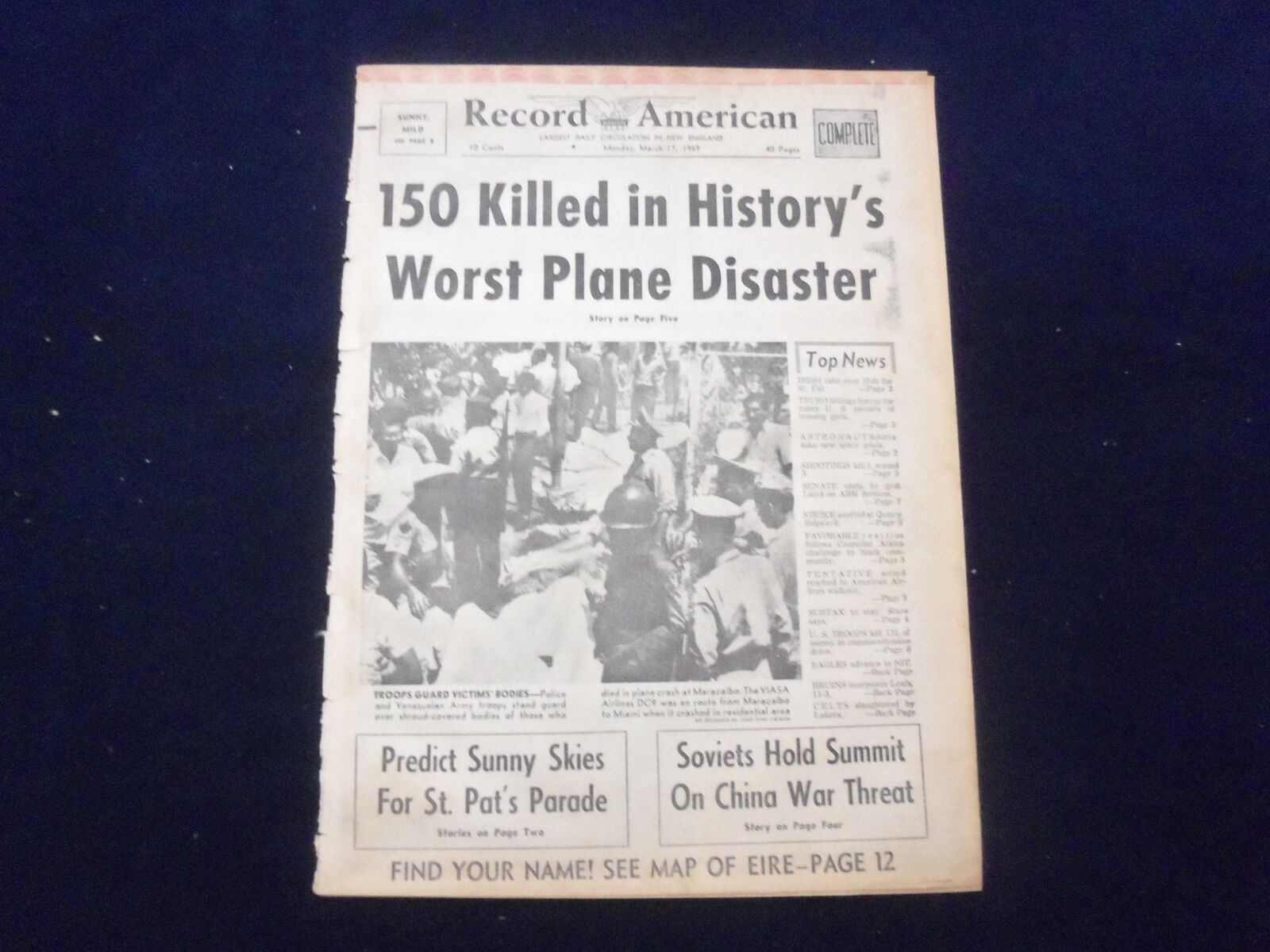 1969 MAR 17 BOSTON RECORD AMERICAN NEWSPAPER- 150 KILLED PLANE DISASTER -NP 6333